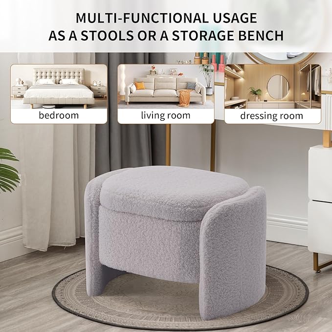 Storage Bench with Lamb Fleece Fabric, Vanity Stool Chair, Upholstered Ottoman with Small Hidden Storage for Bedroom, Living Room, Entryway, No Assembly Required, Grey