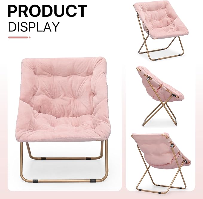 Athena Collection Saucer Chair for Adult, Square Comfy Cozy Chair Folding Chair Faux Fur Metal Frame Foldable Reading Chair Accent Chair for Bed Room Living Room Set of 2, Pink