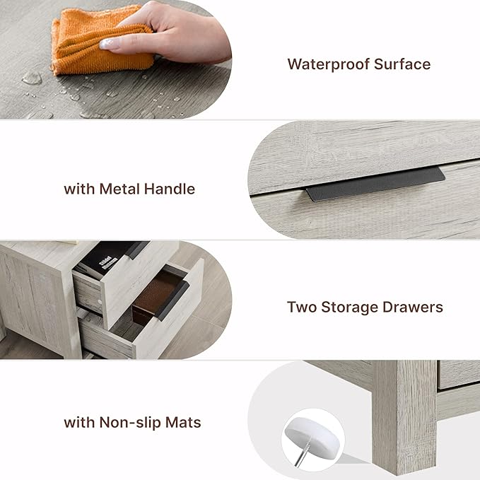 21" Farmhouse Nightstand Set of 2 with Charging Station 2 Drawers Large End Table with Metal Handle Rustic Low Night Stand Wood Dresser for Living Room Bedroom Closet,Grayish White