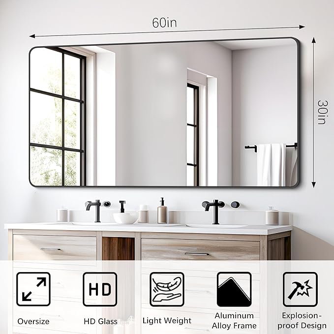 FORBATH Bathroom Mirror 30" X 60",Large Rectangular Wall Mirror, Black Metal Framed Rounded Corner Wall Mounted Mirror for Bathroom Bedroom Entryway Decor(Horizontal/Vertical)