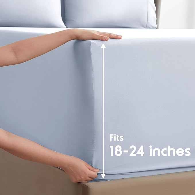 Nestl Extra Deep Split King Sheet Set - 7 Piece Breathable & Cooling Sheets - Hotel Luxury Bedding Set w/18-24 Inch Deep Pockets - Easy & Secure Fit - Super Soft, Wrinkle Free & Comfy - Ice Blue