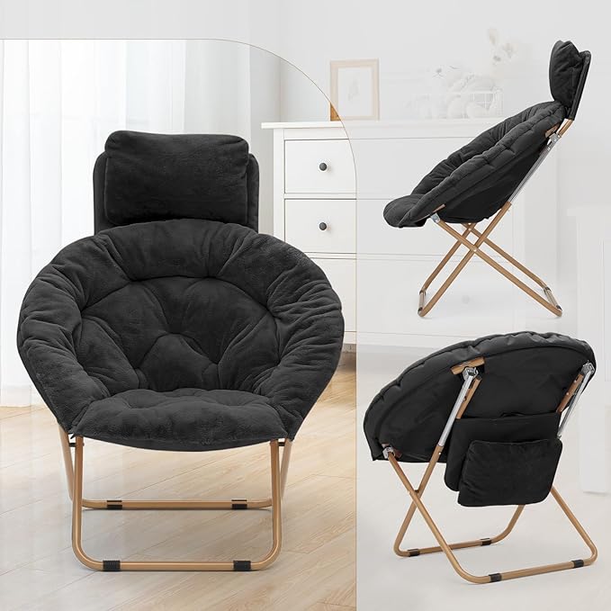 Athena Collection Comfy Saucer Chair with Headrest Oversize Round Cozy Chair Folding Chair Faux Fur Metal Frame Foldable Reading Chair Accent Chair for Bedroom Living Room, Black