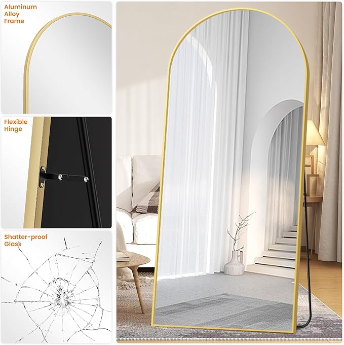 Full Length Arched Mirror, 75"x35" Standing Floor Full Body Mirror for Wall with Aluminum Alloy Frame for Bedroom, Living Room, Dressing Room(Gold)