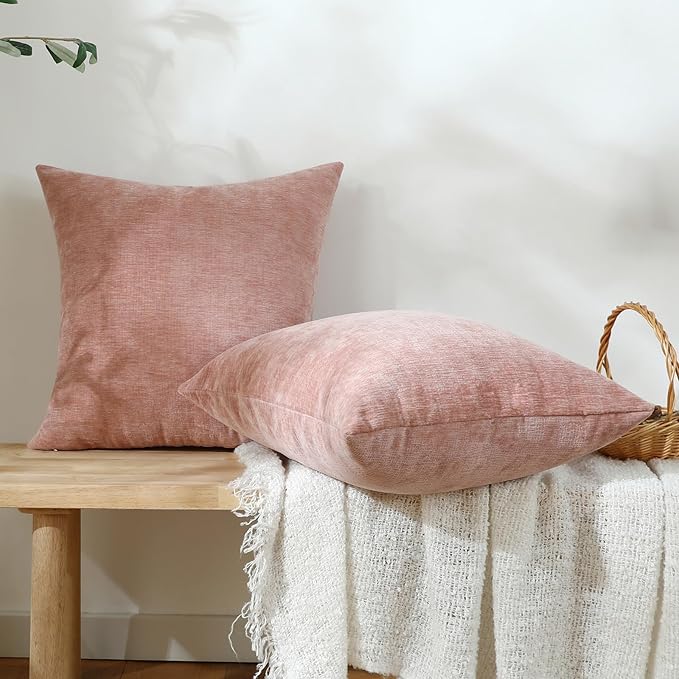 Jeneoo Blush Pink Decorative Throw Pillow Covers Soft Chenille Comfy Square Couch Cushion Cases for Living Room Sofa Decor (Set of 2, 18 x 18 Inches)