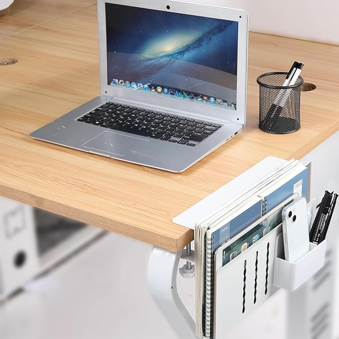 Desk Side Storage, Side Desk Laptop Holder with Anti-Scratch Pad & Magnetic Pen Holder, No Drill Under Table Laptop Mount Fits Flat Edge 0.3" to 2.3"