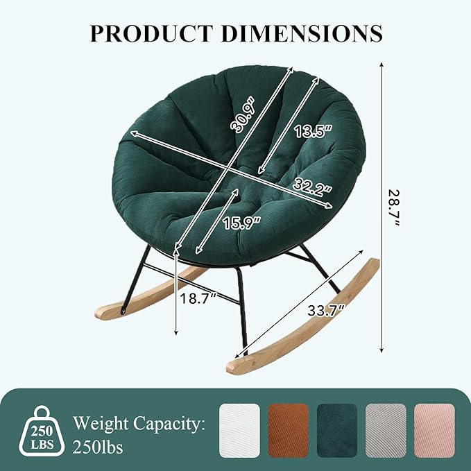 NIOIIKIT Nursery Saucer Rocking Chair, Corduroy Upholstered Round Glider Chair, Nursing Chair with Comfy Cushion, Tufted Papasan Chair, Cozy Reading Chair for Living Room, Bedroom (Green)