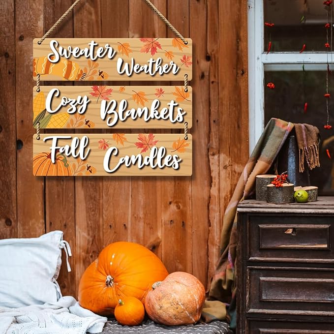 3 Pieces Fall Rustic Wooden Board Wall Decor Hanging Signs Decor, Thanksgiving Autumn Pumpkin Maple Leaves Wooden Plaque Farmhouse Wall Signs for Indoor Outdoor Porch Door Living Room. (010)