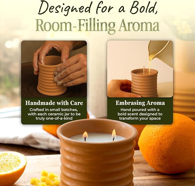 Scented Luxury Candles in Handmade Ceramic Jars, Soy Wax | Orange Blossom β Orange & Mimosa, Large Candle | Non Toxic, 2 Wicks, Reusable Big Orange Jar | Natural Spring Aromatherapy for Women & Men