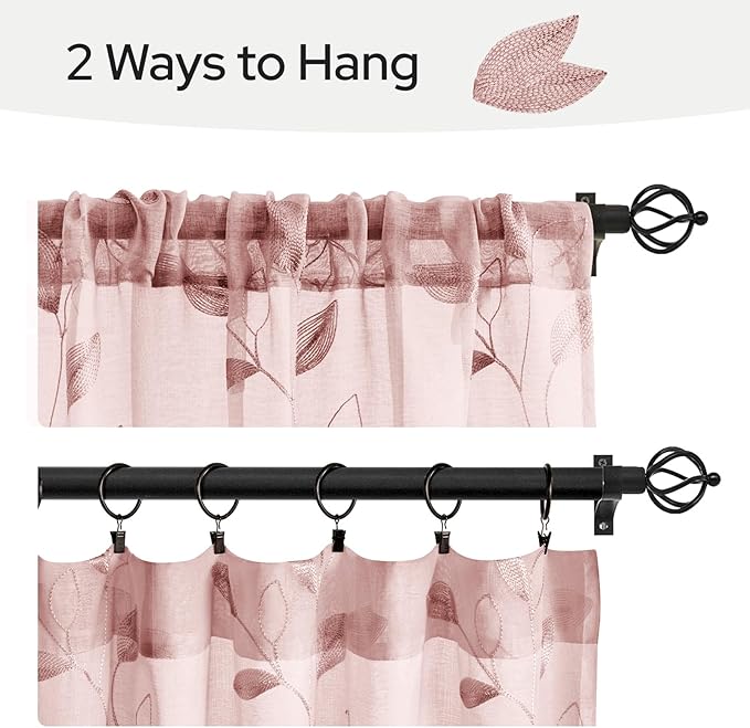 HOMEIDEAS Blush Pink Sheer Kitchen Curtains 30 X 36 Inch Length 2 Panels Embroidered Leaf Pattern Short Bathroom Window Curtains for Small Window Valance Tiers