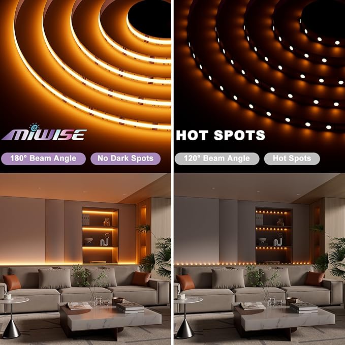 MIWISE RGB COB LED Strip Light 20ft/6.1m,Color Changing Dimmable Strip Light DC24V,Multicolor Flexible Tape Light 10mm Width,for TV,Bedroom,Party DIY Decoration(Power Supply&Controller NOT Included)