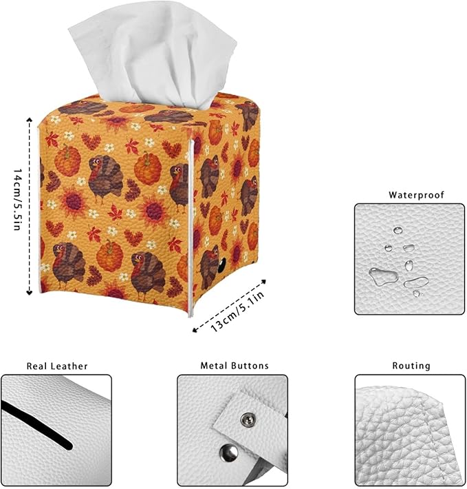 Turkey Pumpkin Tissue Box Cover Holder Square Facial Tissue Case Facial Paper Organizer Dispenser for Bathroom Bedroom Living Room Decor Thanksgiving PU Leather Napkin Boxes Covers