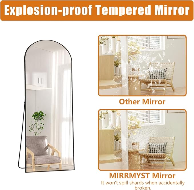 56"x18" Arched Full Length Mirror, Free Standing Mirror Full Length Made of Tempered Glass, Black Floor Mirror for Bedroom Living Room Gym Dorm