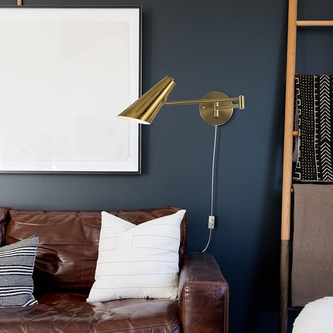 Plug in Wall Sconce Set of 2, Brass Swing Arms Wall Light Plug-in Wall Lamp for Bedroom Living Room Wall Lamp