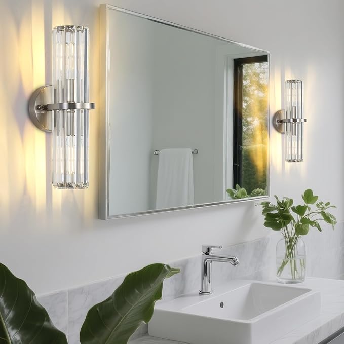 Crystal Wall Sconce Set of 2, Brushed Nickel Luxury Indoor Vanity Wall Lamp, 15.7-Inch Upper and lower illuminated Bathroom Light Fixtures, for Living Room, Bedroom, Bathroom, Hallway, Mirror, E26