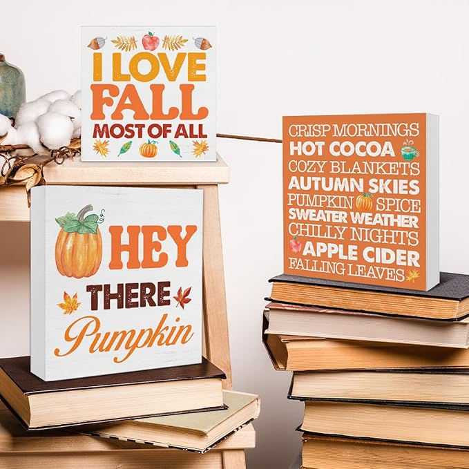 3 Pcs Fall Wood Signs Decor Autumn Wood Block Signs Farmhouse Fall Pumpkins Leaves I Love Fall Most of All Wooden Box Signs Home Decorations for Kitchen Tiered Tray Desk Table Shelf