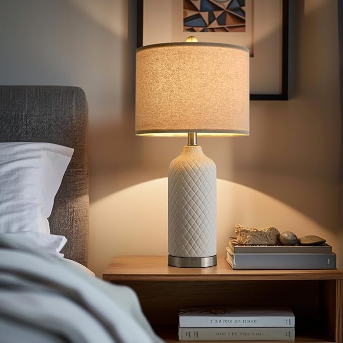 24.25" Modern White Ceramic Table Lamps Set of 2, Boho Farmhouse Bedside Lamps with White Linen Shades, Perfect for Living Room, Bedroom Nightstands, and End Tables