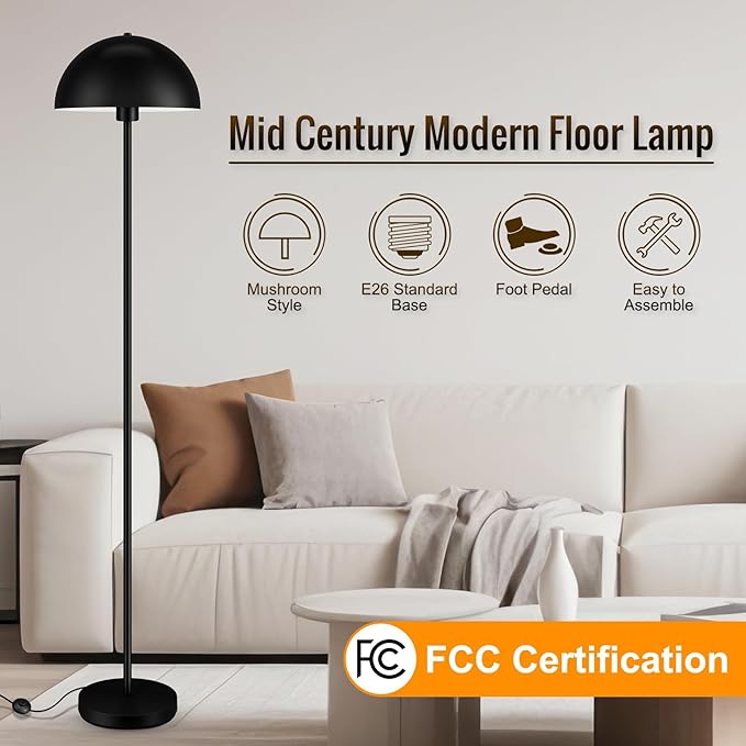 Floor Lamp for Bedroom Modern, Lamp with Mushroom Lampshade, 65.5" Tall Floor Lamp, E26 Base, Footswitch, ETL Listed, Industrial Standing Lamps for Living Room Nursery, Mid Century Home Decor, Black