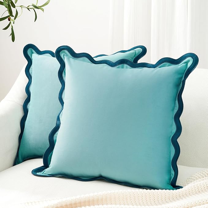 MONDAY MOOSE Decorative Throw Pillow Covers Cushion Cases, Set of 2 Soft Velvet Scalloped Wavy Edge Designs, Mix and Match for Home Decor, Pillow Inserts Not Included (Blue/Light Blue, 18x18 inch)