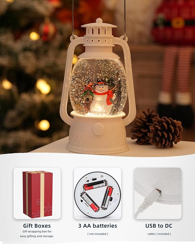 Christmas Snow Globes Snowman Musical Lighted with 6H Timer Winter Scene Cardinal Mailbox,Snowman Snow Globe Glittering for Christmas Decorations