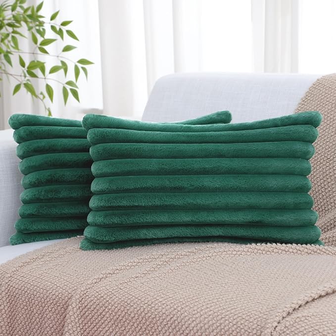 decorUhome Faux Fur Christmas Throw Pillow Covers 12x20 Set of 2, Decorative Soft Plush Striped Neutral Couch Euro Pillow Covers with Velvet Back for Sofa, Bed, Living Room Home Decor, Christmas Green
