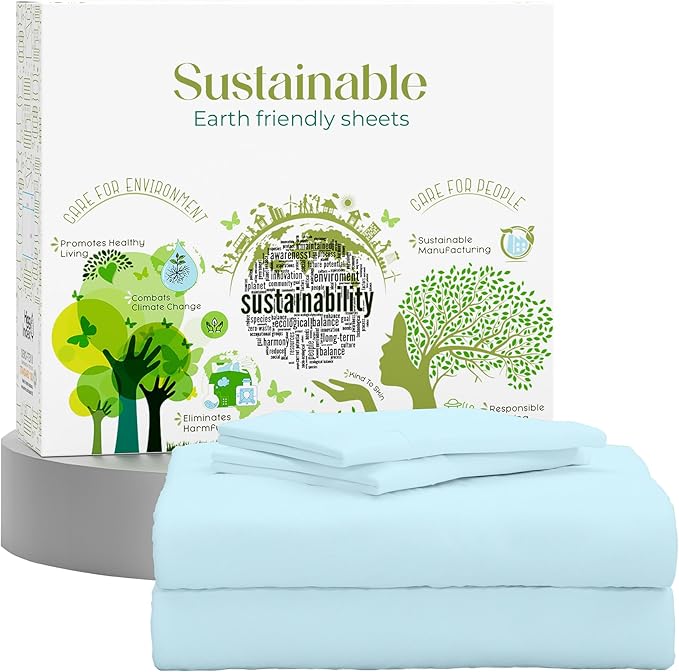 SUPREME ELEGANCE Queen Sheet Set – Natural 100% Long Staple Cotton Percale Sheets Queen Size Bed Set, Deep Pocket Snug Fit, Oeko-tex Made in Green Sustainable Hotel Quality Bedding, Sky Blue