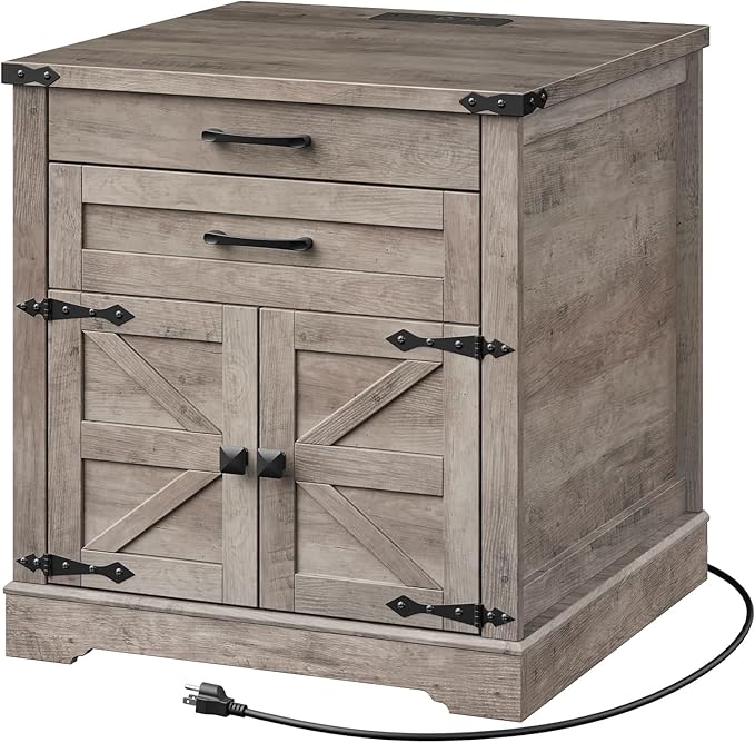 Farmhouse End Table with Charging Station, 24'' Sofa Side Table with 2 Drawers and Barn Door, Large Rustic Wooden Square Nightstand for Bedroom, Living Room, Greige