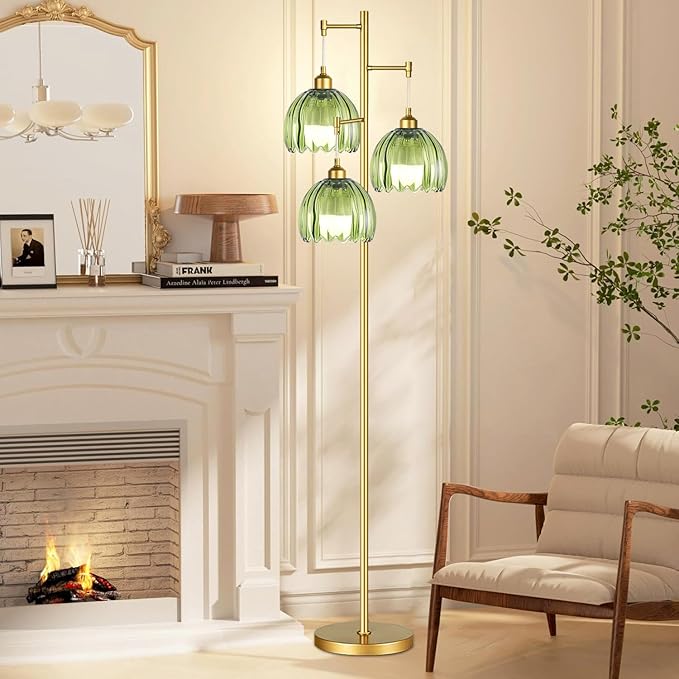 Vintage Floor Lamps for Living Room-3 Light Gold Floor Lamp with Three Bulbs & Glass Lampshape,Glass Mid Century Modern Standing Lamp Tree Tall Flower Floor Lamp for Bedroom Living Room,Corner