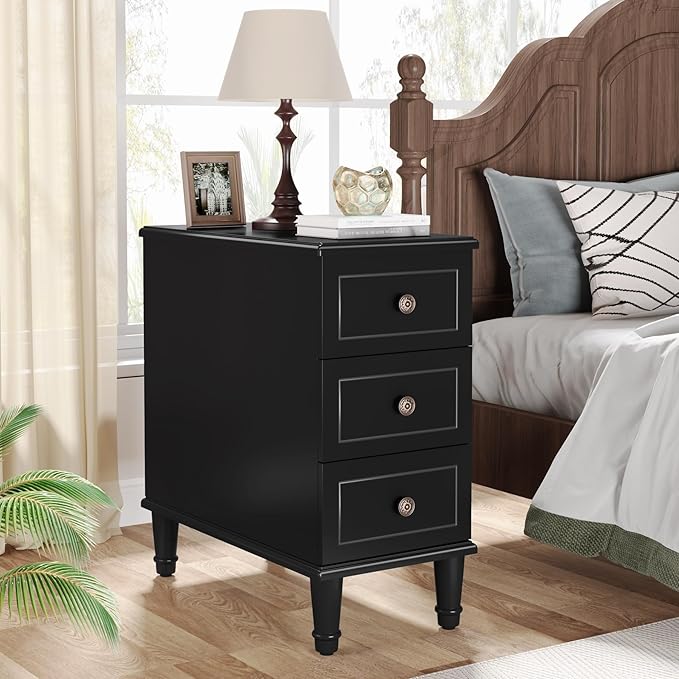 Tribesigns Solid Wood End Table Set of 2, Fully Assembled Narrow Side Table with Drawers, Pre-Assembled Nightstand Slim Bedside Table for Small Spaces, Living Room, Bedroom, Black