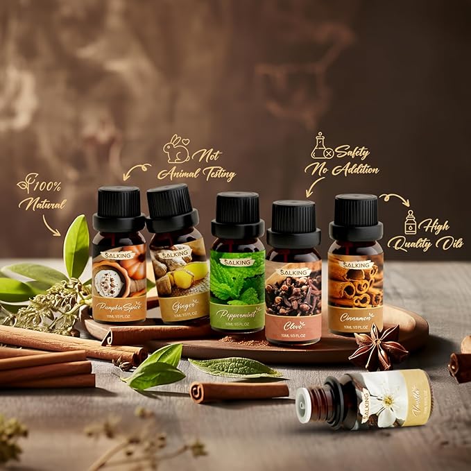 SALKING Spice Essential Oils, Premium Fragrance Oil for Diffuser, Scented Oil Gift Set for Soap Candle Making - Cinnamon, Clove, Vanilla, Pumpkin Spice, Peppermint, Ginger