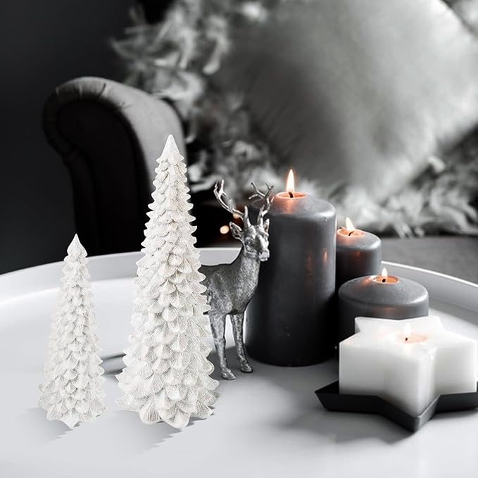 2Pcs Christmas Tree Decoration Figurines, Christmas Tree Statues Glittered Resin Desktop Mini Small Tabletop Ornaments Holiday Fireplace Home Decor Gifts (White)