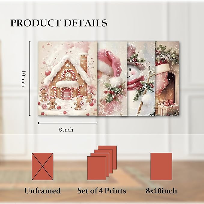 TFKFJLF Pink Vintage Christmas Santa Claus Wall Art Poster Decor, Retro Christmas Snowman Decor Wall Art, Vacation Decorations for Bedroom Bathroom Living Room Office, Unframed 8x10in Set of 4