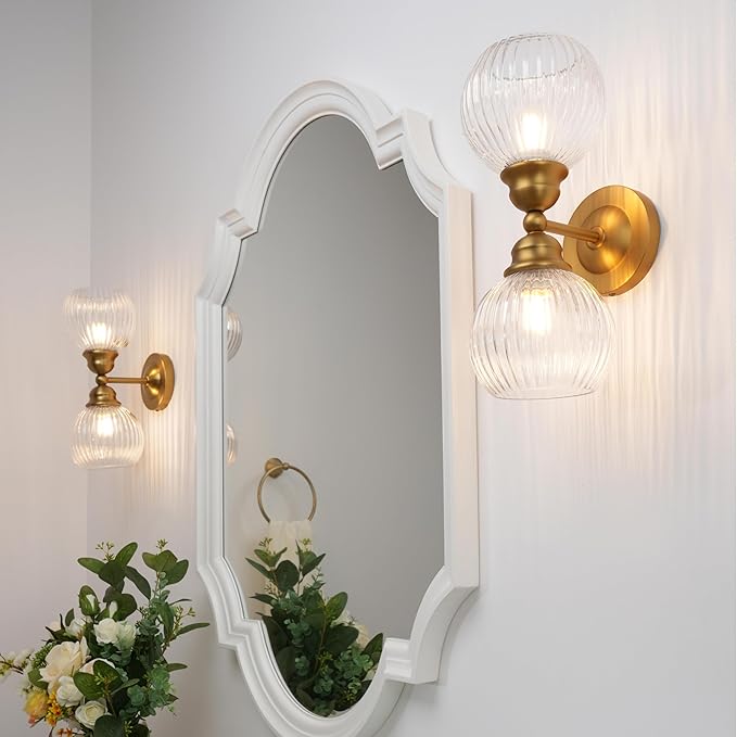 Pathson 2 Heads Wall Sconce Striped Glass Shade, 2-Light Modern Bathroom Sconces Wall Vanity Light Fixtures Brass Finish, Vintage Wall Sconce Lamp for Mirror Living Room Bedroom Farmhouse Lighting