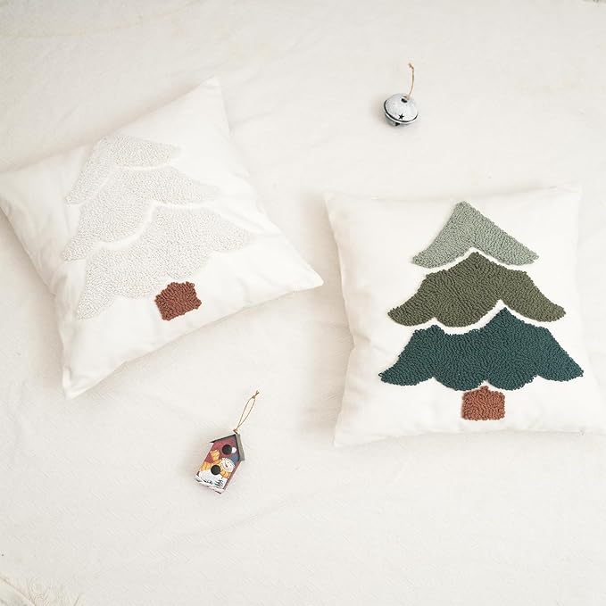 GEEORY Christmas Pillow Covers 18x18 Inch, Embroidered Xmas Tree Throw Pillows Farmhouse Winter Holiday Decor Cushion Case for Sofa & Bed Home Decorations (Beige) GX004-1-18