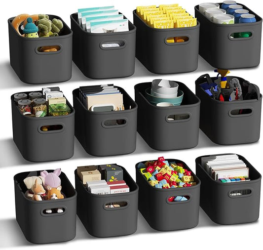 12 Pack Grey Plastic Storage Bins, Pantry Organizer Bins, Grey Plastic Containers for Organizing, Storage Box for Kitchen, Cabinet, Closet, Office, Classroom, Under Sink