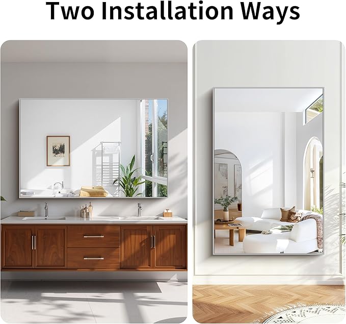 KOCUUY Large Silver Bathroom Mirror, 60x40 inch Rectangular Mirror for Bathroom Sink, Oversized Mirror with Metal Brushed Nickel Frame for Living Room, Farmhouse, Entryway, Hang Horizontal/Vertical