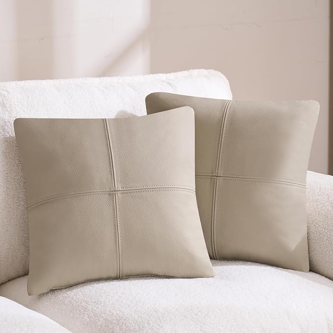 Kidol & Shellder Genuine Leather Throw Pillow Cover 18x18 Modern Solid Lumbar Pillow Covers-Luxury Pillowcases for Couch Sofa Bed-Soft Durable Decorative Cushion Case with Hidden Zipper(Yellow Gray)