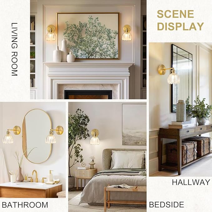 Wall Sconces Set of Two Hardwired, Vintage Sconce Light with Tulip Transparent Glass Lampshade, Bathroom Wall Lights with Switch, Gold Wall Light Sconces Wall Decor Set of 2