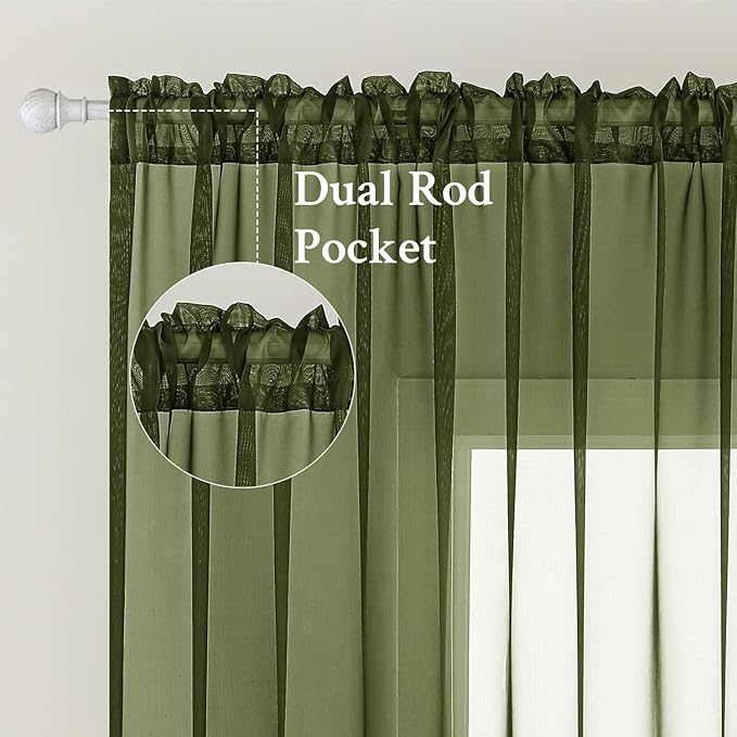 MIULEE 2 Panels Solid Color Sheer Window Curtains Elegant Window Voile Panels/Drapes/Treatment for Bedroom Living Room (54X63 Inches Olive Green)