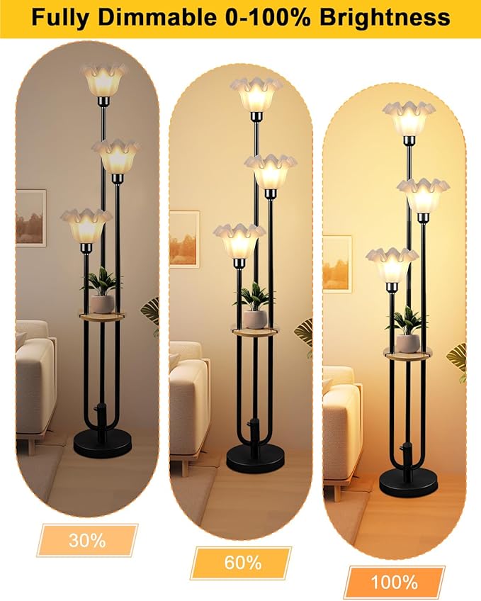 Lightdot Flower Floor Lamp for Living Room, Dimmable Vintage Floor Lamp with Shelf &3 LED Bulbs, 3 Light 3000K Soft Warmwhite Mid Century Black Standing Lamp, Floral Tall Lamp for Bedroom Office