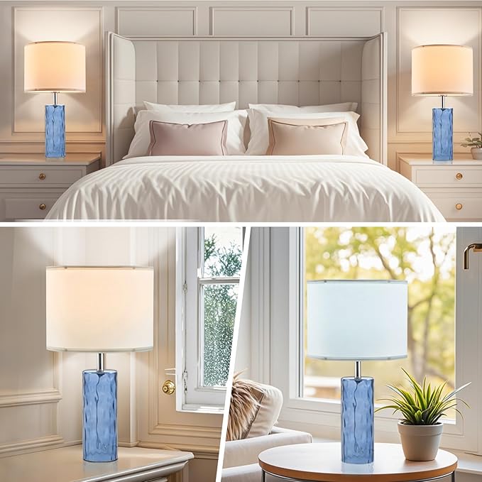 21.7" Modern Glass Table Lamps Set of 2 for Bedroom, Ocean Wavy Style Base with 3 Color Temperatures Bedside Lamps for Coastal Living Room Night Stands End Tables Farmhouse