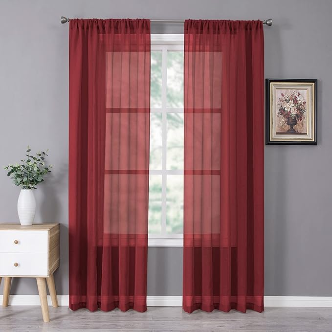 Tollpiz Sheer Curtains Linen Textured Bedroom Curtain Sheers Light Filtering Rod Pocket Voile Curtains for Living Room, 54 x 84 inches Long, Burgundy Red, Set of 2 Panels