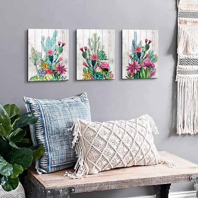 3 Piece Framed Wall Art Watercolor Tropical Plant Desert Cactus Canvas Print for Bedroom Bathroom Spiny Flower Artwork Home Office Wall Decoration 12x16 3 panels Decor