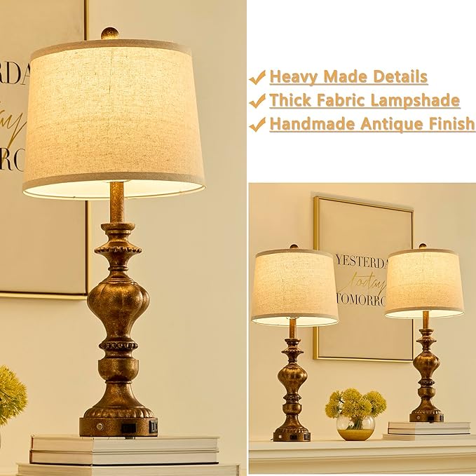 27.5" Farmhouse Table Lamps Set of 2 Bedside Nightstand Lamp with USB C+A Ports & AC Outlet, 3 Way Dimmable Touch Lamps for Bedroom Living Room Office Hallway Rustic Traditional Lamp (Copper)