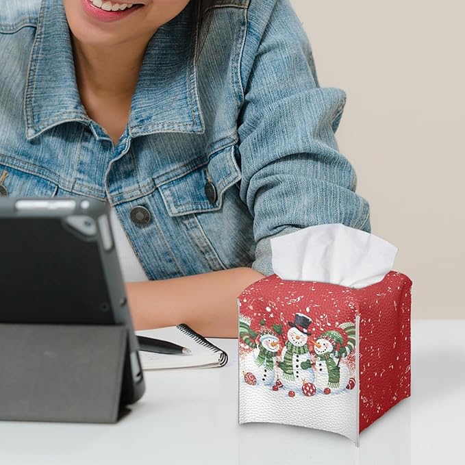Christmas PU Leather Tissue Box Cover Aesthetic Desk Decor for Home Office Car, Snowman Print Tissues Cube Boxes Holder Bedroom/Bathroom/Kitchen Facial Napkin Holder Storage