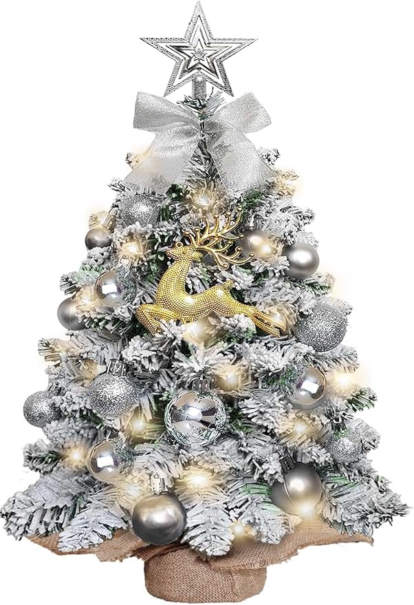 Mini Flocked Christmas Tree with Lights, 2ft Small Tabletop Tree with 24pcs DIY Decorations, LED Lights for Indoor Holiday Decor