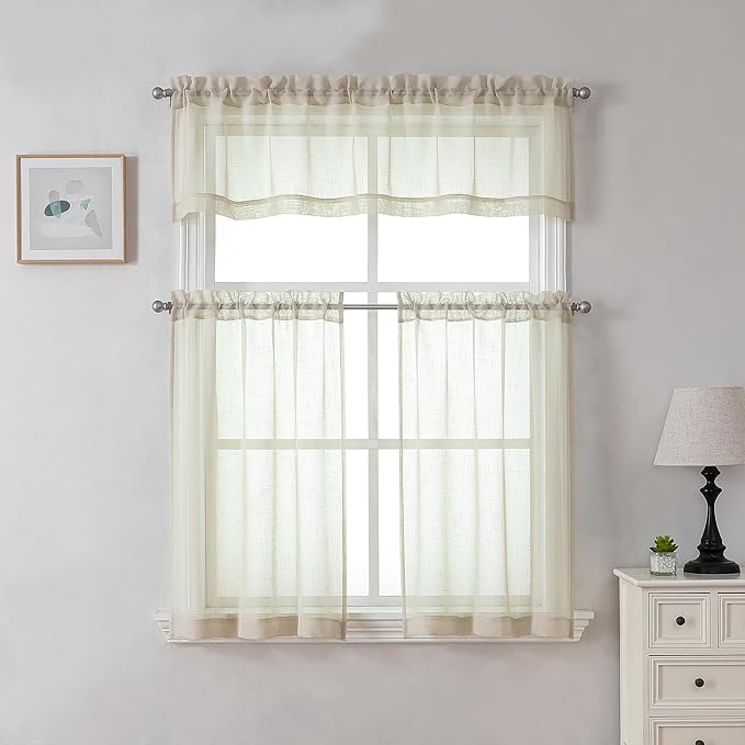 Aiyufeng Kirei Faux Linen Sheer Valance Curtain for Kitchen 14 Inch Length, Lightweight Soft Textured Valance for Farmhouse Bathroom Living Room Bedroom Toppers Windows, 60X14 Inch, 1 Piece, Linen