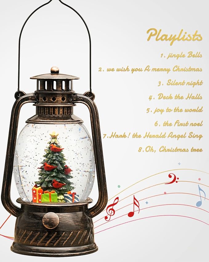 Christmas Decorations Musical Snow Globes Lighted Tree Cardinal Glittering with 6H Time Lantern USB Lined/Battery Operated for Christmas Decorations Indoor Gifts