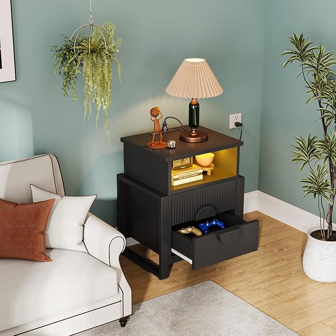 LGHM Large Fluted Nightstand with Charger Station Lights,20.47" W Night Stand with 2 Drawers,Accent Bedside Table and End Table,Semicylinder Drawer,Stable Raised Legs,Large Compartment,Black