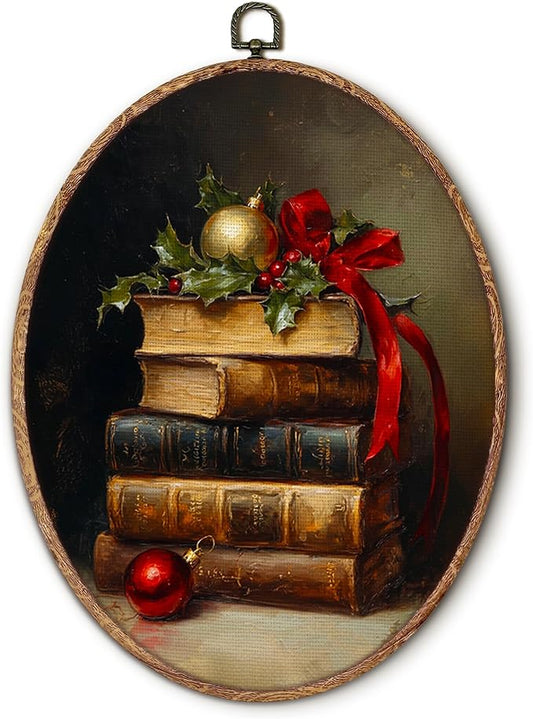Hxlac Dark Academia Christmas Book Oval Wall Art Framed, Vintage Winter Christmas Oval Wall Decor, Cottagecore Bookish Hanging Canvas Prints Wall Sculptures for Home Reading Room Decor, 8.5x11.5 Inch