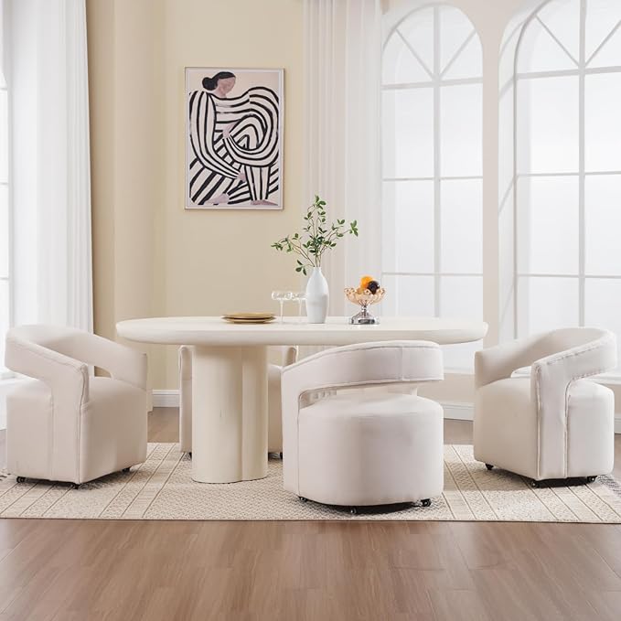 Modern Dining Chair, Upholstered Dining Room Chair with Casters Linen Fabric Accent Chair for Dining Room Living Room, 1PC, Beige